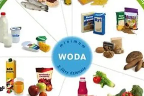 Talerz zdrowego żywienia: mleko, ryby, pieczywo, owoce, warzywa i minimum 2 litry wody dziennie.
