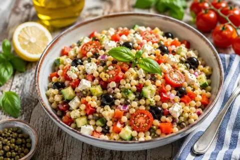 Bunter Salat mit Fregola Sarda, Tomaten, Gurken, Oliven und Feta. Ein köstliches fregola sarda rezept für den Sommer.
