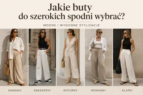 Pięć stylizacji z szerokimi, eleganckimi spodniami i różnymi butami: sandały, sneakersy, koturny, mokasny, klapki.