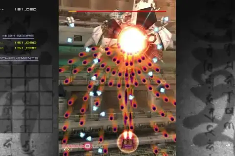 Statek kosmiczny walczy z hordą wrogów, unikając deszczu pocisków w grze typu bullet hell.