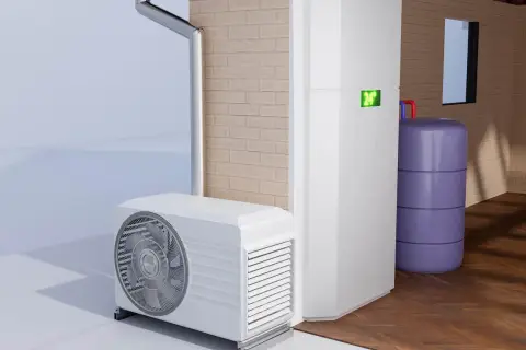 Nowoczesny system grzewczy z jednostką zewnętrzną i wewnętrzną, zbiornikiem wody i wyświetlaczem temperatury 24°C. Czy bojler elektryczny pobiera dużo prądu?