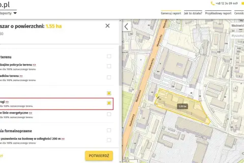 Na mapie OnGeo.pl zaznaczono obszar 1.55 ha. W sekcji "Infrastruktura" można sprawdzić, jak sprawdzić kto jest zarządcą drogi, wybierając opcję "Dostęp do drogi".