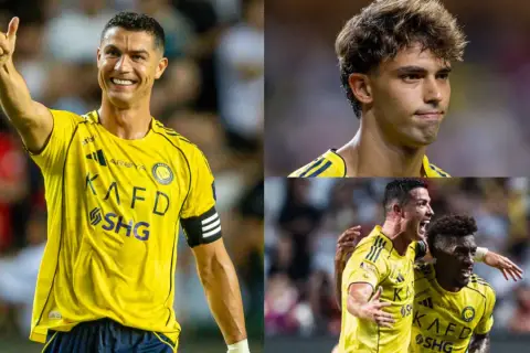 Cristiano Ronaldo i João Félix w żółtych koszulkach Al Nassr. Spekulacje o al nassr transfery.