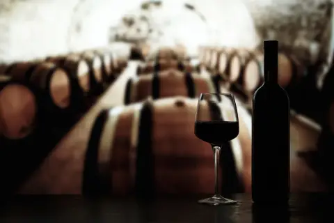 Glas Rotwein und Flasche vor Reihen von Eichenfässern, die auf die Reifung von crianza rioja hindeuten.