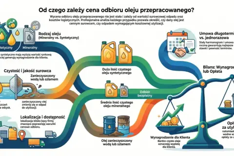 Ilustracja przedstawia diagram czynników wpływających na cenę odbioru oleju przepracowanego, m.in. rodzaj oleju, czystość, ilość, lokalizację i umowę.