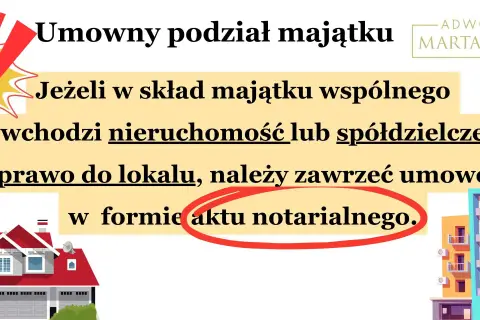 Umowny podział majątku po rozwodzie, gdy wchodzi nieruchomość, wymaga aktu notarialnego. Adwokat Marta Wnuk.