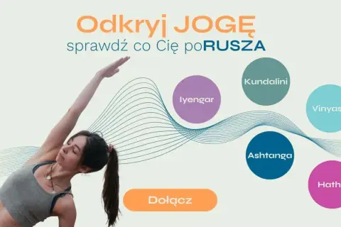 Kobieta w pozycji jogi, obok nazwy stylów: Iyengar, Kundalini, Vinyasa, Ashtanga, Hatha. Odkryj jogę i jej znaczenie dla Ciebie.