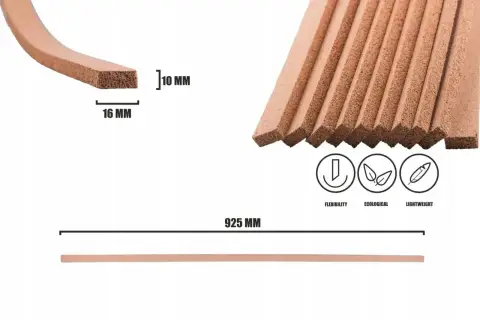 Elastyczny korek dylatacyjny o wymiarach 10x16 mm, idealny do izolacji i wypełniania szczelin. Długość 925 mm.