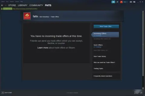 Ekran Steam pokazuje brak ofert wymiany. Dowiedz się, jak ustawić trade url na Steam, aby móc je otrzymywać.