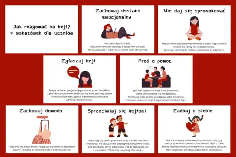 Jak reagować na hejt? 7 wskazówek dla uczniów: zachowaj dystans, nie daj się sprowokować, zgłaszaj, proś o pomoc, zachowaj dowody, sprzeciwiaj się, zadbaj o siebie.