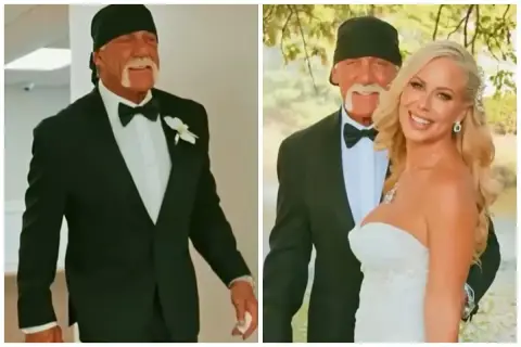 Hulk Hogan w czarnym smokingu i z charakterystyczną opaską na głowie, uśmiecha się obok panny młodej. To jego strefa komfortu, pełna radości.