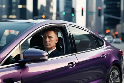 Uomo in abito guida un'auto viola scintillante in città. La sua espressione è concentrata, forse pensando alla sua guida libera assicurazione.
