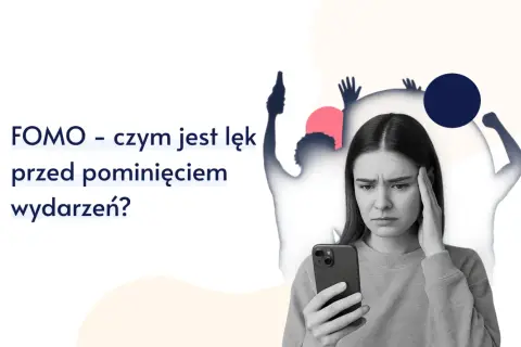 Zmartwiona młoda kobieta z telefonem w dłoni, w tle sylwetki ludzi. FOMO - czym jest lęk przed pominięciem wydarzeń?