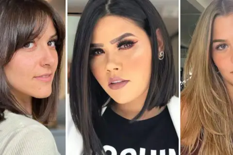 Tres mujeres con diferentes cortes de pelo, ideales como cortes de pelo para cara redonda: bob asimétrico, melena con capas y flequillo.