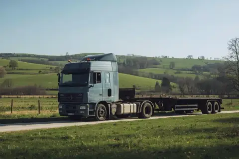 Ciężarówka z naczepą na tle zielonych wzgórz. Zastanawiasz się, ile wazy ciągnik? Ten model jest gotowy do drogi.