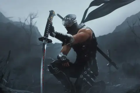 Ryu Hayabusa z Ninja Gaiden Black na Xbox, klęczący z mieczem w dłoni, w mrocznym, mglistym krajobrazie.