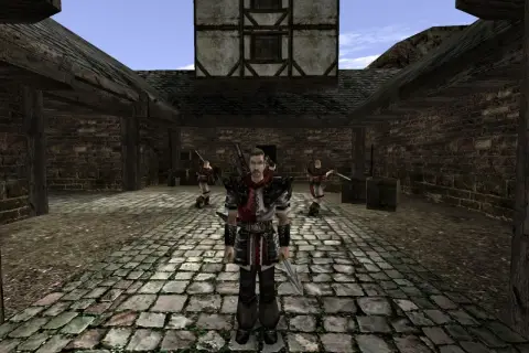 Bohater w zbroi w grze Gothic 2, gotowy do walki. Może przydać się do wpisania **gothic 2 kody** i ułatwienia sobie rozgrywki.