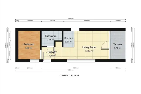 Plan mieszkania na parterze: sypialnia, łazienka, kuchnia, salon, korytarz i taras.