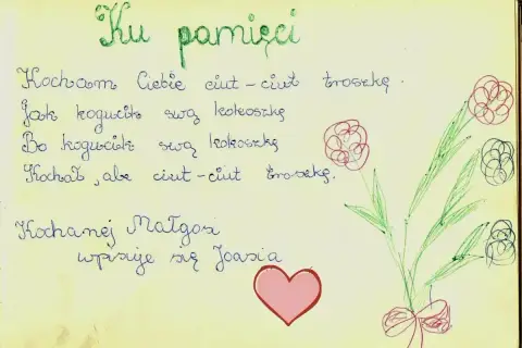 Wpis do pamiętnika z wierszykiem o miłości i rysunkiem kwiatów. "Kocham Cię ciut-ciut troszkę" - takie cytaty do pamiętnika są urocze.