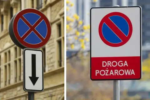 Dwa znaki: okrągły z niebieskim polem i czerwonym krzyżem (zakaz postoju) ze strzałką w dół oraz prostokątny z napisem "DROGA POŻAROWA" i symbolem zakazu zatrzymywania.