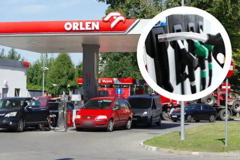 Orlen promocja na paliwo! Samochody tankują na stacji Orlen, a w kółku widać zbliżenie na dystrybutory.
