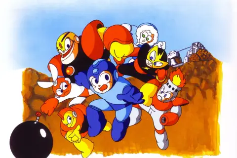 Grupa robotów z gry **Mega Man** szykuje się do akcji. W centrum niebieski bohater, otoczony przez kolorowych przeciwników i pomocników, na tle pustynnego krajobrazu.