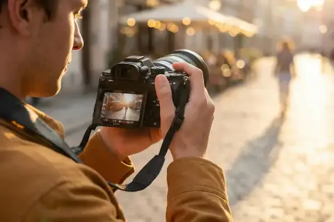Mężczyzna trzyma aparat z obiektywem, fotografując ulicę. Zastanawiasz się, jaki obiektyw do fotografii produktowej będzie najlepszy?