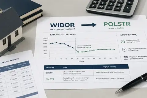 Wykres pokazuje zmianę raty kredytu z WIBOR na POLSTR. Kredyt hipoteczny z WIBOR był zmienny, nowy wskaźnik POLSTR zapewnia stabilność.