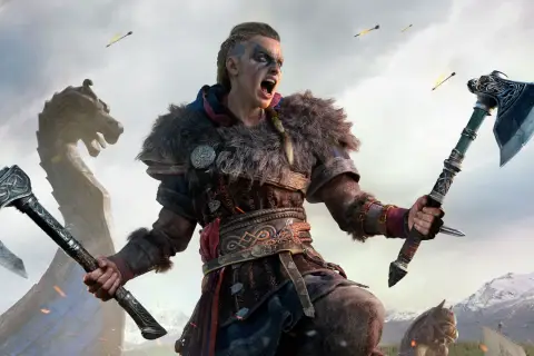 Wojowniczka z toporami w walce, tło z drakkarem i strzałami. Sprawdź wymagania Assassin's Creed Valhalla.