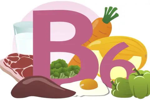 Wielka litera B i cyfra 6 otoczone produktami bogatymi w witaminę B6: mleko, mięso, wątróbka, jajko, brokuły, marchew, melon i papryka.