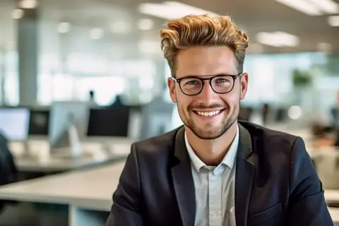Ein junger Mann mit Brille und Bart lächelt in die Kamera. Er trägt einen Anzug und sitzt in einem Büro. Er könnte gerade mit 40 Jahren studieren und seine Karriere neu starten.