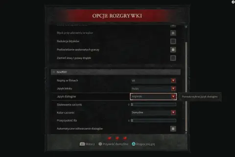 Ustawienia gry Diablo 4: język dialogów wybrany na angielski, choć polski dubbing jest dostępny.