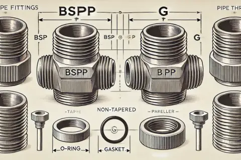 Detalle de accesorios de tubería, incluyendo un acoplador BSPP y un acoplador G, con medidas y componentes como juntas y o-rings.