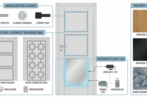 Szprosy naklejane na szybę drzwi, dostępne w prostokątnym i geometrycznym wzorze, dodają elegancji.