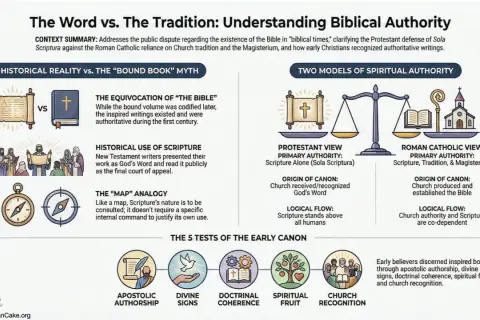Grafika porównuje protestancką zasadę Sola Scriptura z katolicką tradycją i Magisterium, pokazując biblijną autorytet.