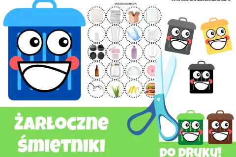 Kolorowe śmietniki i przedmioty do segregacji śmieci do druku. Naucz się, co wrzucić do którego kosza!