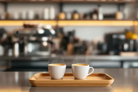 Dwie białe filiżanki parującego espresso na drewnianej tacy. Idealne proporcje dla miłośników kawy.