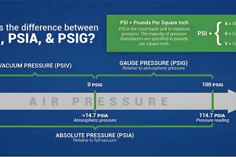 Diagrama explica la diferencia entre PSI, PSIA y PSIG. Muestra la presión de vacío, absoluta y manométrica, con el aire a presión atmosférica como punto de referencia.