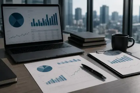 Biurko analityka finansowego z laptopem, wykresami, notatkami i kubkiem kawy. Widok na miasto w tle.