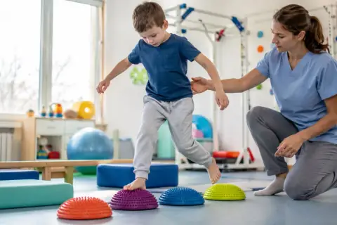 Chłopiec ćwiczy równowagę na poduszkach sensorycznych, a fizjoterapeutka asekuruje go. To część terapii, która może przypominać grę w boccia.