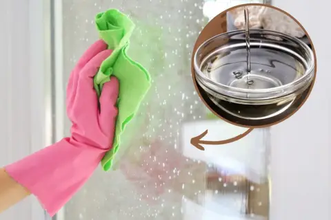Rękawica w różowej gumie czyści szybę zieloną ściereczką. W okręgu widać miseczkę z wodą z octem, która jest naturalnym środkiem czyszczącym.