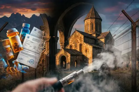 Gruzja: zakazane leki i dokumenty za kratami, obok starożytnej cerkwi i gór. Dym z e-papierosa unosi się w powietrzu.