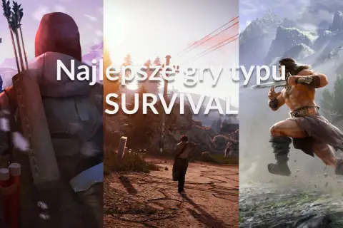 Trzy sceny z gier survival multiplayer: postać w zimowym krajobrazie, człowiek biegnący przez pustkowie i wojownik z mieczem.
