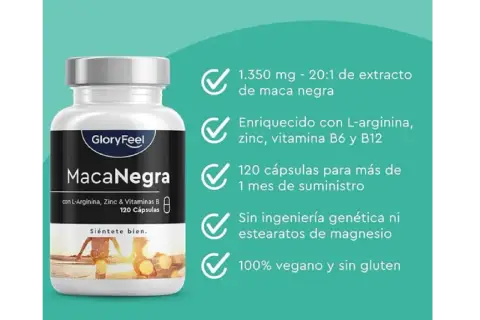 Frasco de Maca Negra GloryFeel. Descubre para qué sirve la maca negra en mujeres: energía, vitalidad y bienestar. 120 cápsulas veganas.