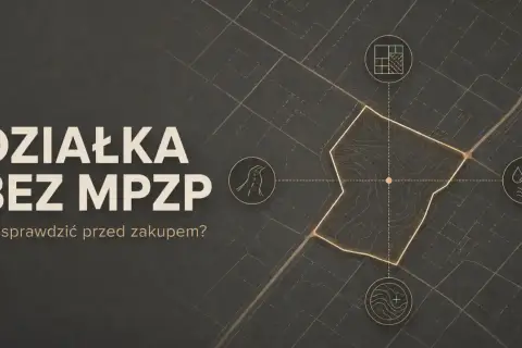 Działka bez MPZP: sprawdź co musisz wiedzieć przed zakupem. Mapa z ikonami drogi, mediów i zabudowy.