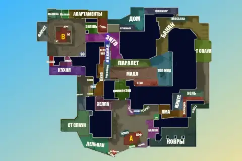Mapa taktyczna do gry CS:GO, znana jako Mirage po polsku, z zaznaczonymi kluczowymi lokacjami jak "B", "A", "Kuchnia", "Dom", "Banán" i "Apartamenty".