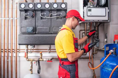 Instalator w czerwonej czapce i żółtej koszulce wykonuje próbę szczelności gazu, używając detektora przy instalacji grzewczej i butli gazowej.