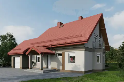 Nowy dom z ceglastym dachem i jasnoszarą elewacją, otoczony zielenią.