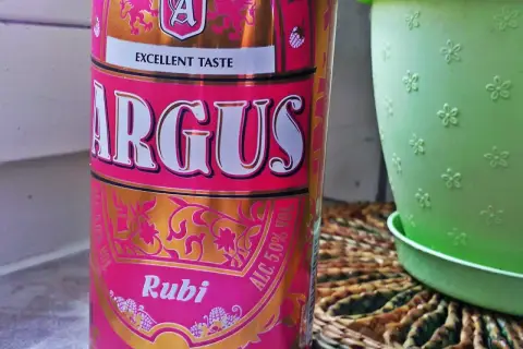 Puszka piwa Argus Rubi z napisem "Excellent Taste", obok zielona doniczka.