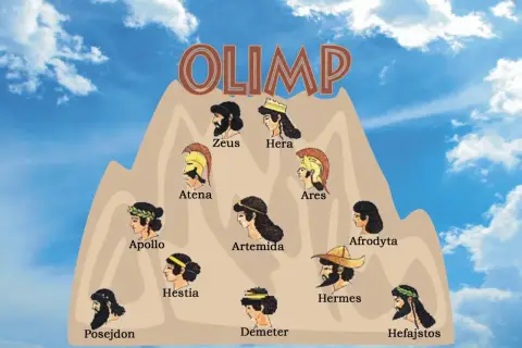 Na górze Olimpu, w chmurach, widać portrety greckich bogów: Zeusa, Herę, Atenę, Aresa, Apollina, Artemidę, Afrodyty, Posejdona, Hestię, Demeter i Hefajstosa. To wspaniałe mitologizmy!